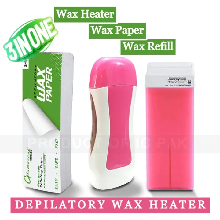 depilatory wax heater machine with roll on wax refill and waxing strips for body and face hair removal, 3 in 1 wax machine for women and man